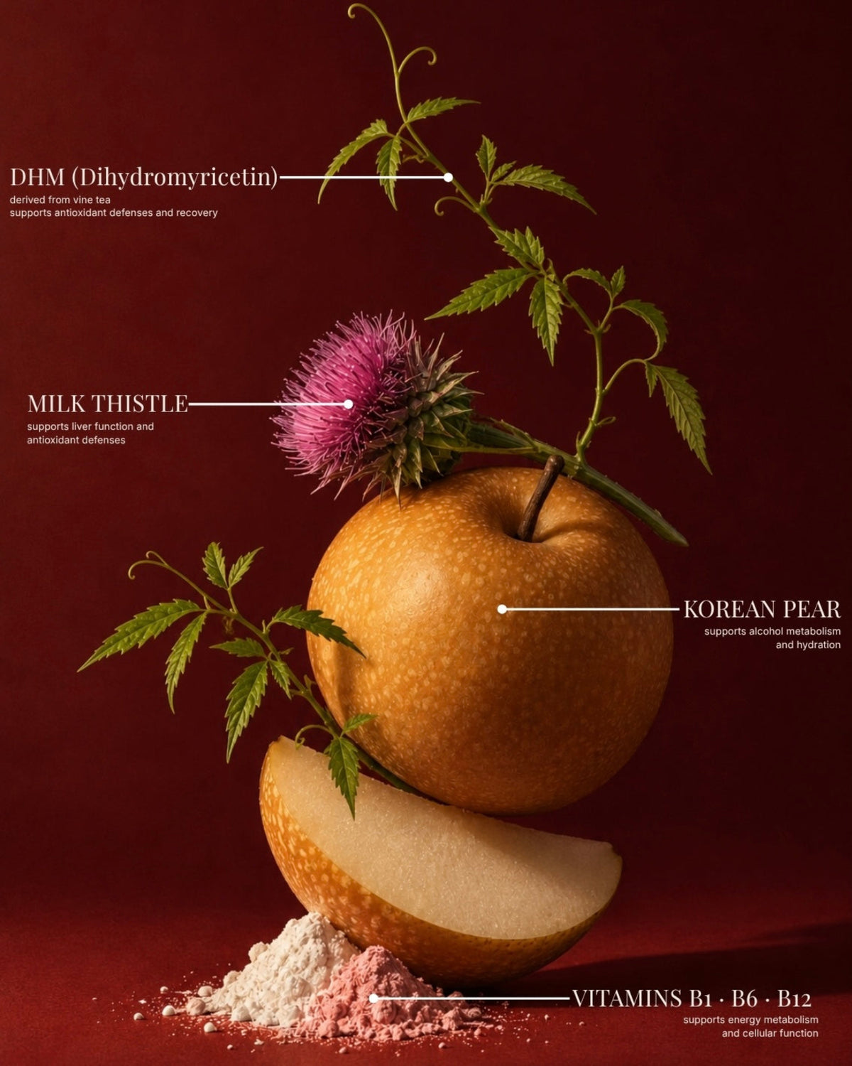 Korean pear, DHM (vine tea), milk thistle, Vitamin B